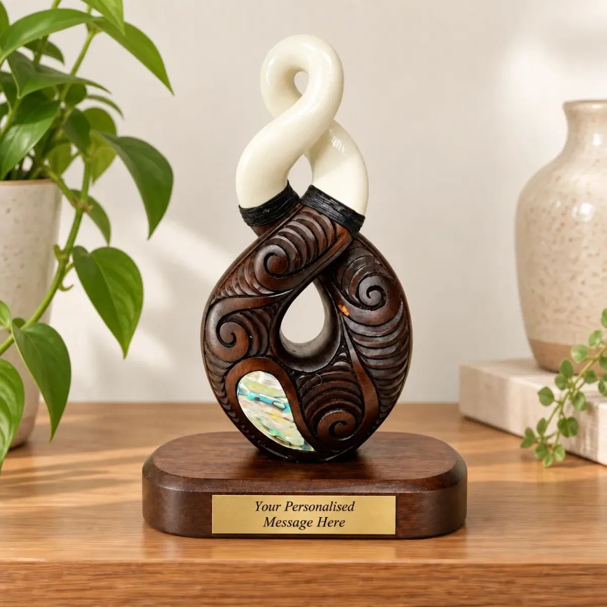 Wooden Carved Twist with White Resin with Paua Shell Inlay on Base 180mm High