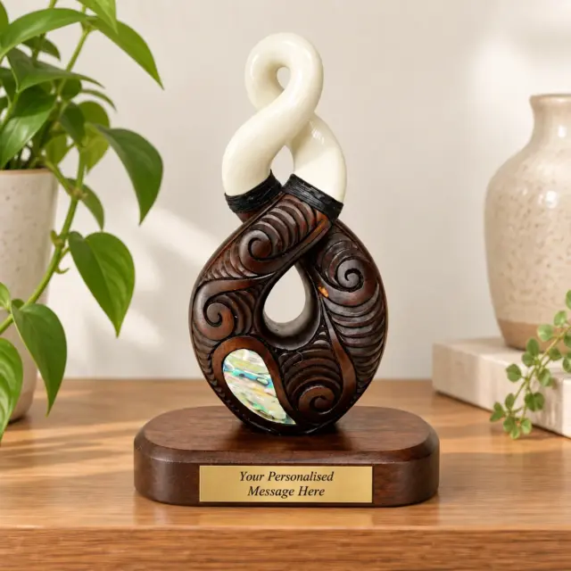 Wooden Carved Twist with White Resin with Paua Shell Inlay on Base 180mm High