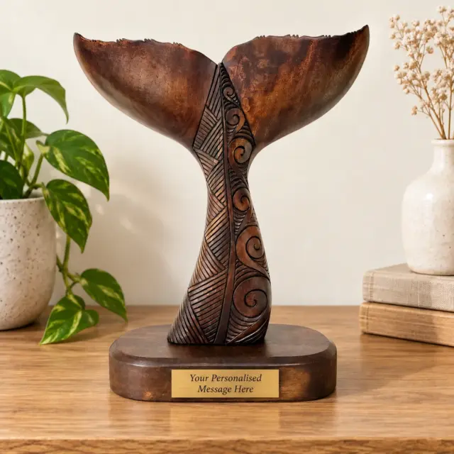 Wooden Carved Whale Tail On Base - Large (VS86)