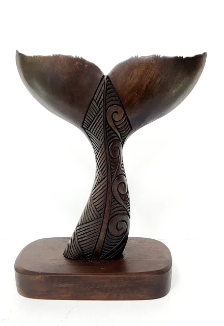 Wooden Carved Whale Tail On Base - Medium (VS85)