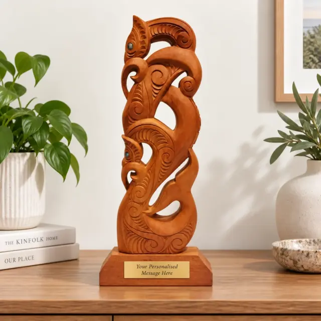 Wooden Hand Carved X-Large Manaia with Whale Tail on Stand - WA041
