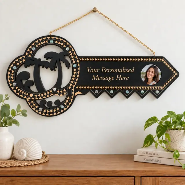 Wooden Key Birthday Key Black Shade Island Design With Paua Shell Round Inlays and Cutout Palm Trees - Design SJ2447