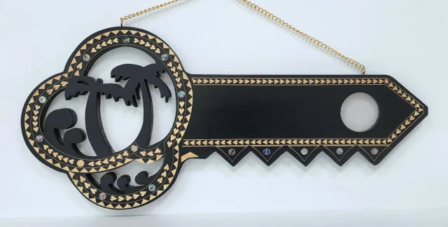 Wooden Key Birthday Key Black Shade Island Design With Paua Shell Round Inlays and Cutout Palm Trees - Design SJ2447