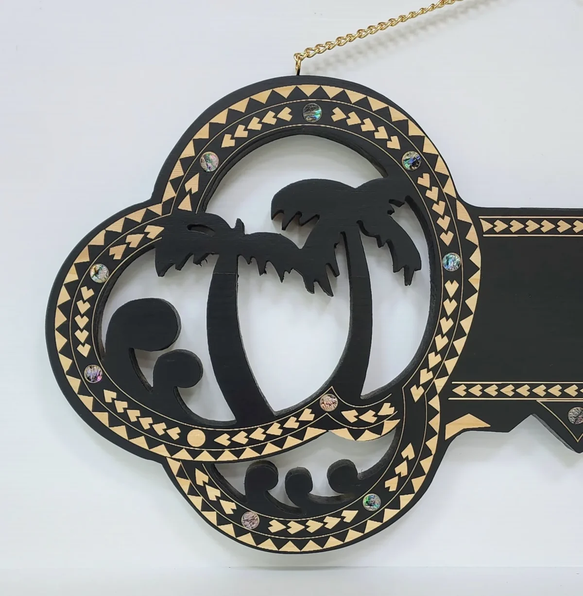 Wooden Key Birthday Key Black Shade Island Design With Paua Shell Round Inlays and Cutout Palm Trees - Design SJ2447