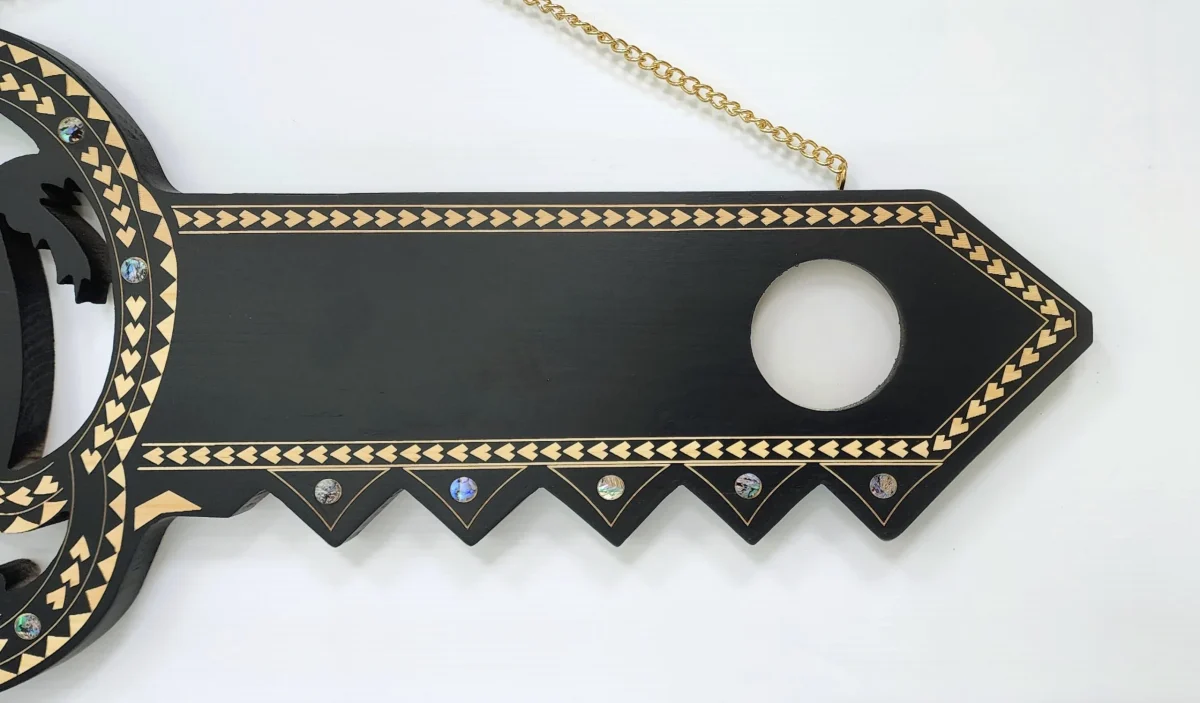 Wooden Key Birthday Key Black Shade Island Design With Paua Shell Round Inlays and Cutout Palm Trees - Design SJ2447