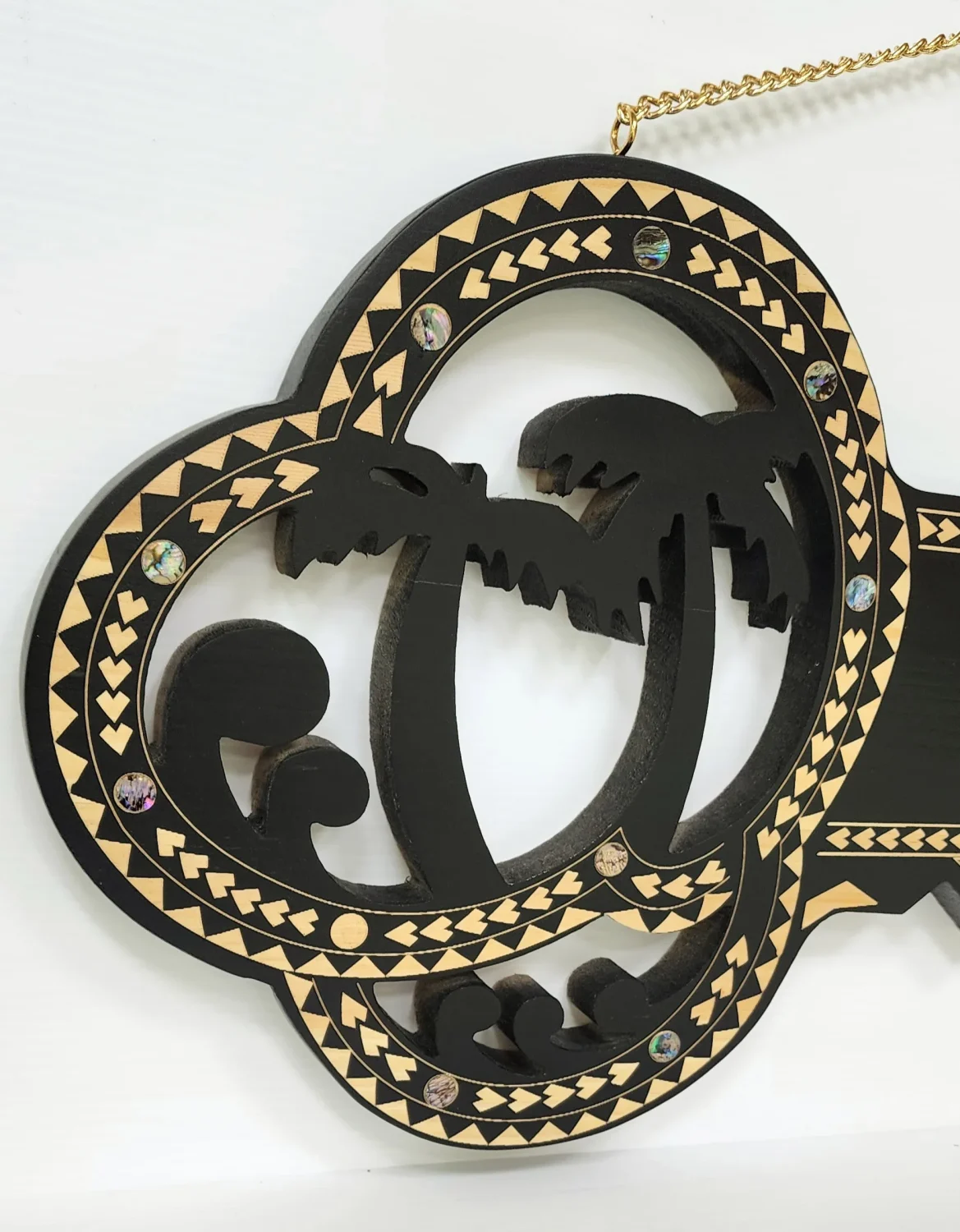 Wooden Key Birthday Key Black Shade Island Design With Paua Shell Round Inlays and Cutout Palm Trees - Design SJ2447