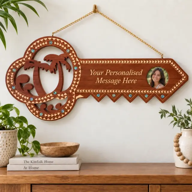 Wooden Key Birthday Key Brown Shade Island Design With Paua Shell Round Inlays and Cutout Palm Trees - Design SJ2446