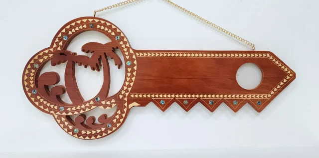 Wooden Key Birthday Key Brown Shade Island Design With Paua Shell Round Inlays and Cutout Palm Trees - Design SJ2446