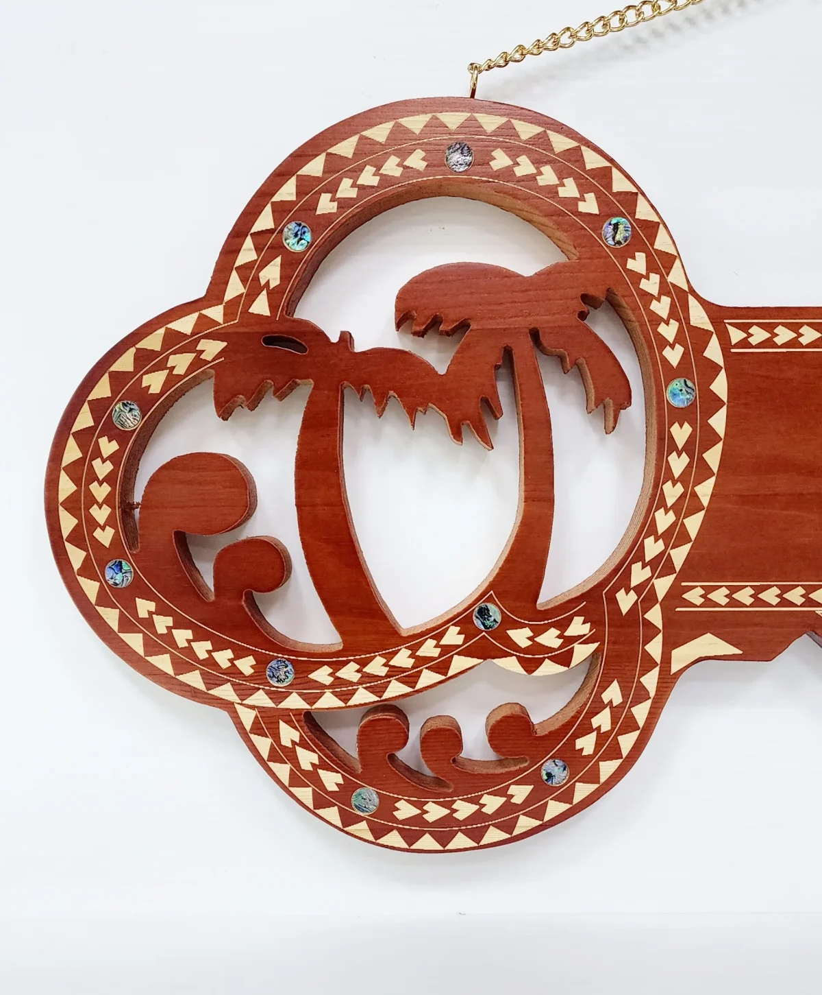 Wooden Key Birthday Key Brown Shade Island Design With Paua Shell Round Inlays and Cutout Palm Trees - Design SJ2446