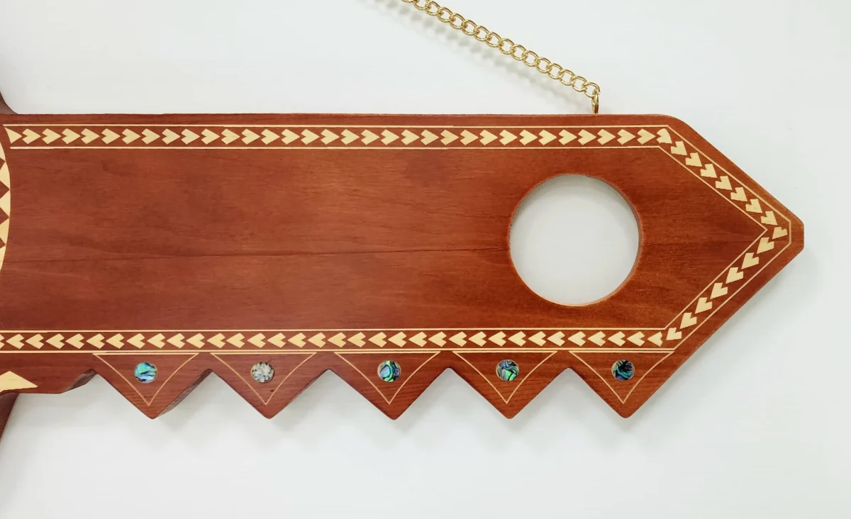 Wooden Key Birthday Key Brown Shade Island Design With Paua Shell Round Inlays and Cutout Palm Trees - Design SJ2446