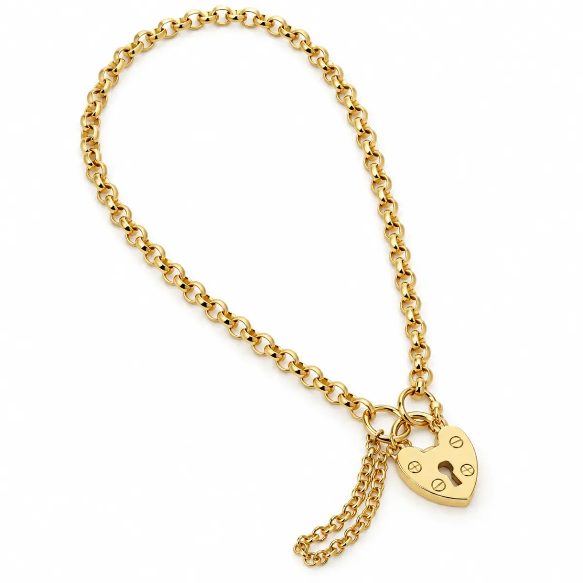 9ct Yellow Gold Hollow Round Belcher Bracelet with Heart Padlock & Safety Chain – 17.5cm | Made in Italy - 1.29.9751