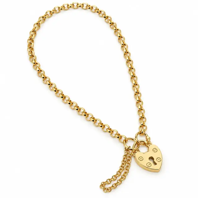 9ct Yellow Gold Hollow Round Belcher Bracelet with Heart Padlock & Safety Chain – 17.5cm | Made in Italy - 1.29.9751