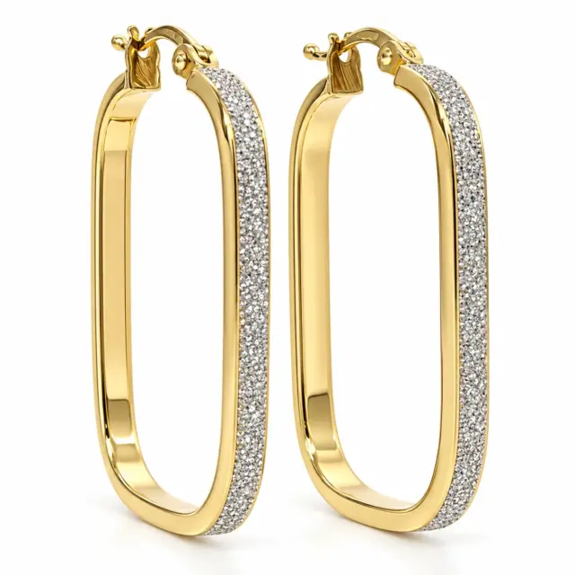 9ct Yellow Gold Stardust Finish Rectangular Hoop Earrings – 2.50mm Wide, 17mm x 25mm Internal Size - 1.51.1249