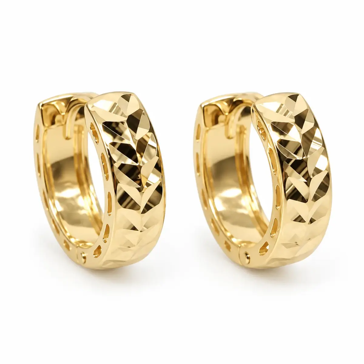 9ct Yellow Gold Diamond Cut Leaf Design Huggie Hoop Earrings – 3.60mm Wide, 9mm Internal Diameter - 1.51.1822