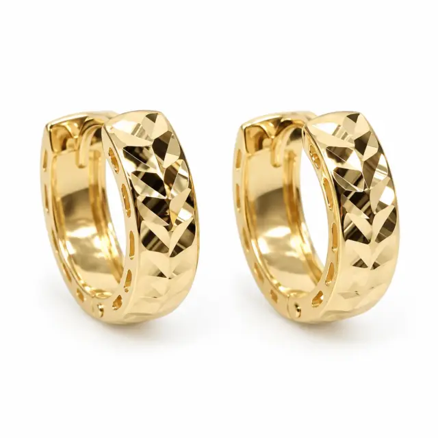 9ct Yellow Gold Diamond Cut Leaf Design Huggie Hoop Earrings – 3.60mm Wide, 9mm Internal Diameter - 1.51.1822
