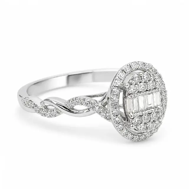 10ct White Gold 0.25ct Natural Diamond Oval Halo Engagement Ring – Round & Baguette Diamonds - RD2047W