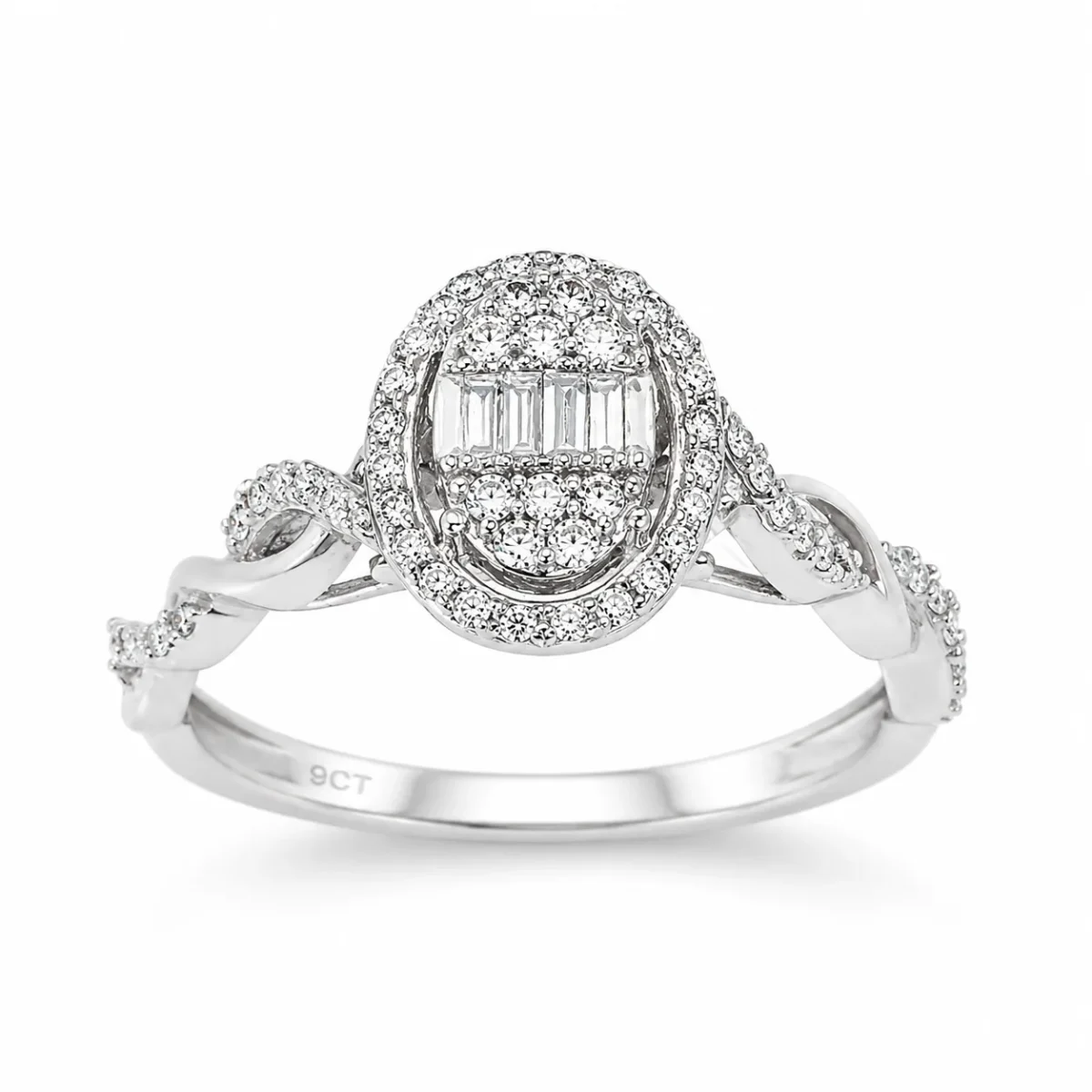 10ct White Gold 0.25ct Natural Diamond Oval Halo Engagement Ring – Round & Baguette Diamonds - RD2047W