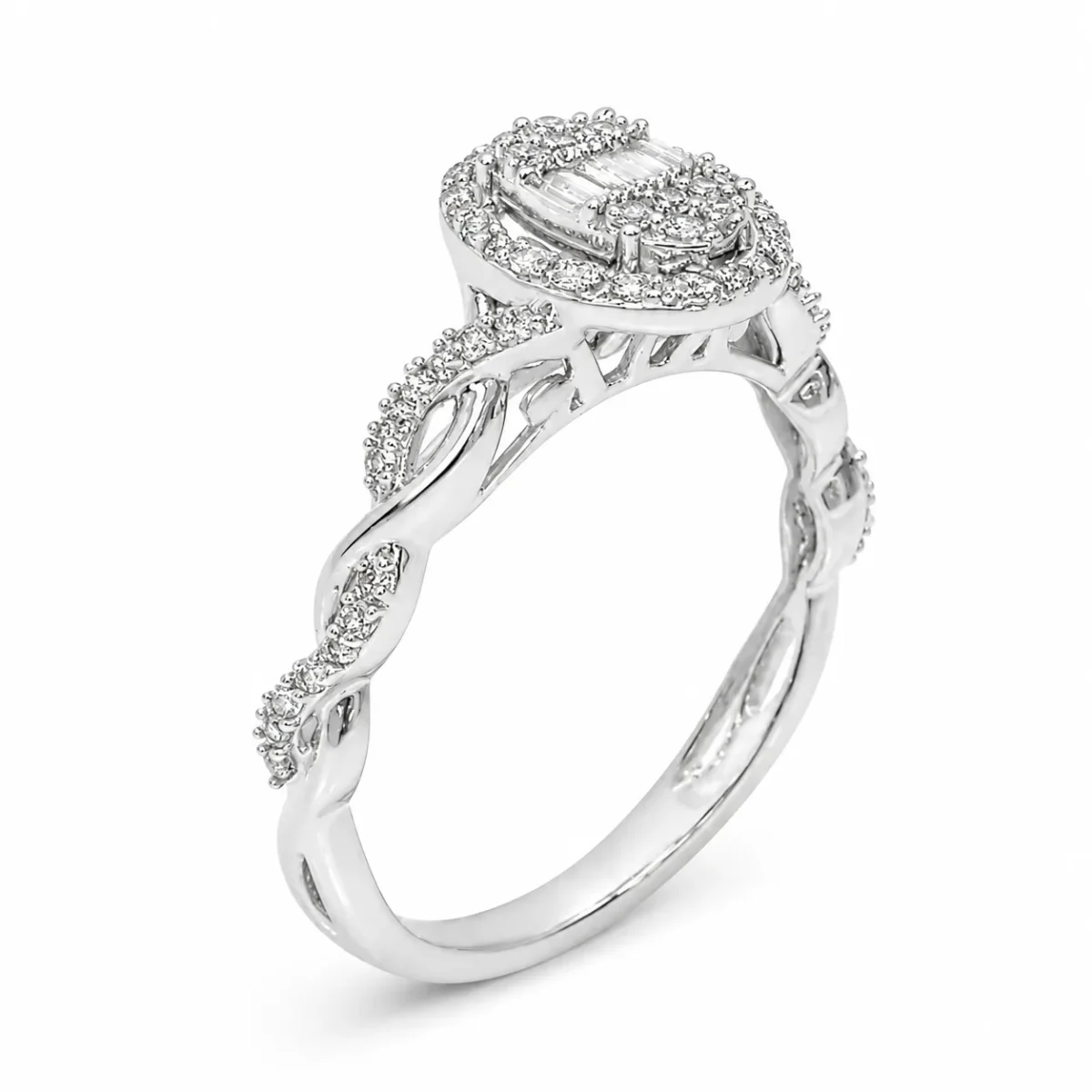 10ct White Gold 0.25ct Natural Diamond Oval Halo Engagement Ring – Round & Baguette Diamonds - RD2047W