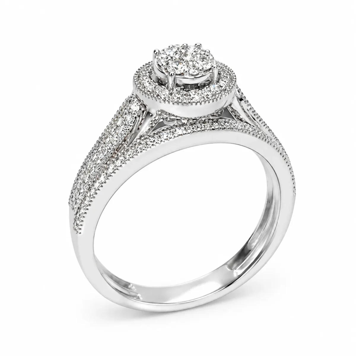 10ct White Gold 0.33ct Natural Diamond Cluster Halo 2-Piece Bridal Set Ring - RD2066W