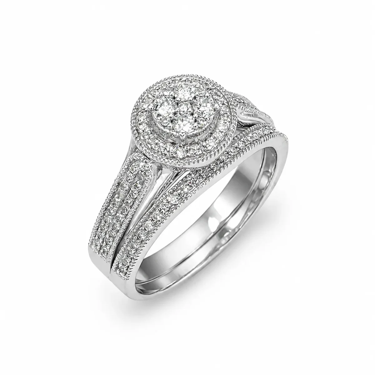 10ct White Gold 0.33ct Natural Diamond Cluster Halo 2-Piece Bridal Set Ring - RD2066W