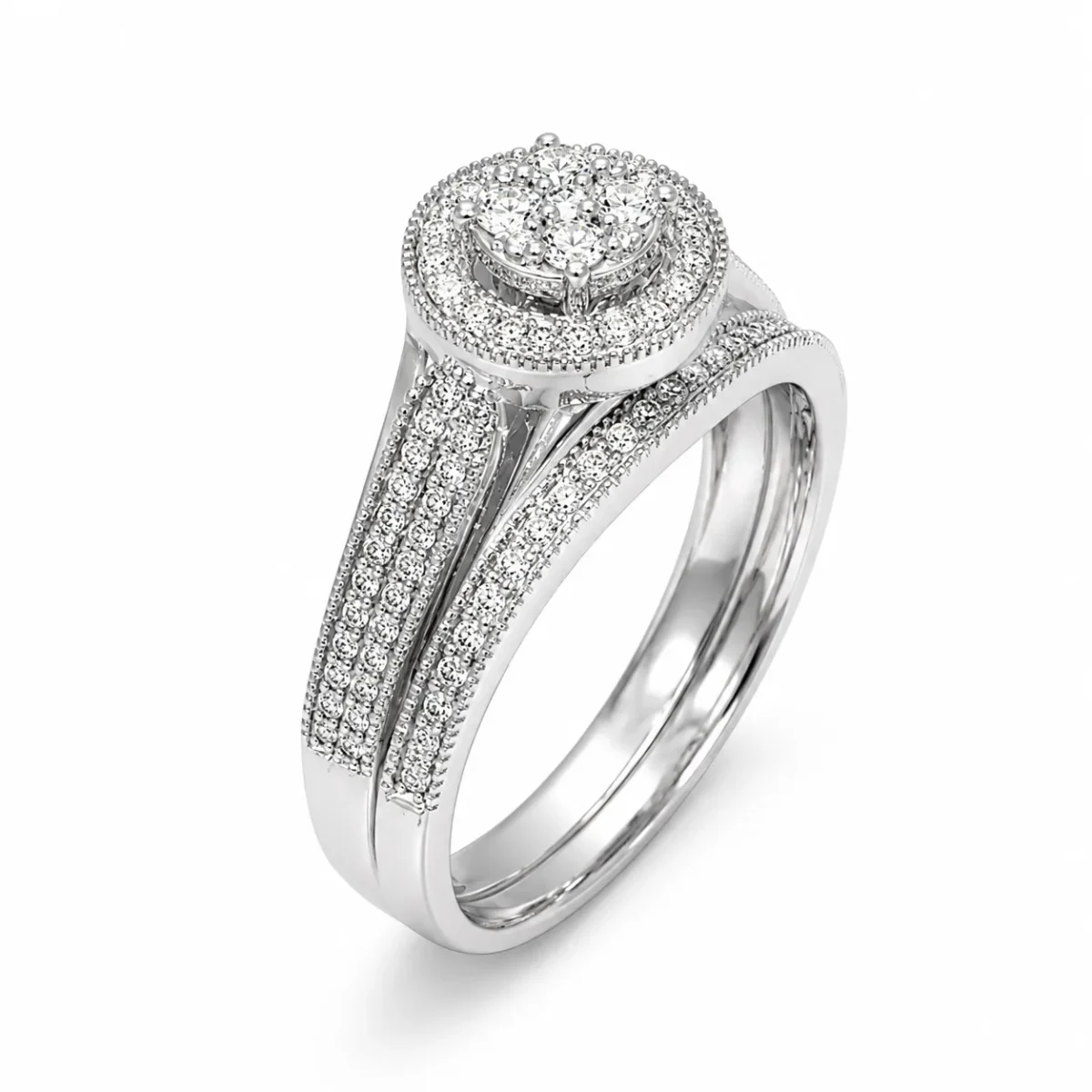 10ct White Gold 0.33ct Natural Diamond Cluster Halo 2-Piece Bridal Set Ring - RD2066W
