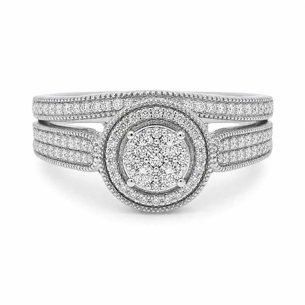 10ct White Gold 0.33ct Natural Diamond Cluster Halo 2-Piece Bridal Set Ring - RD2066W