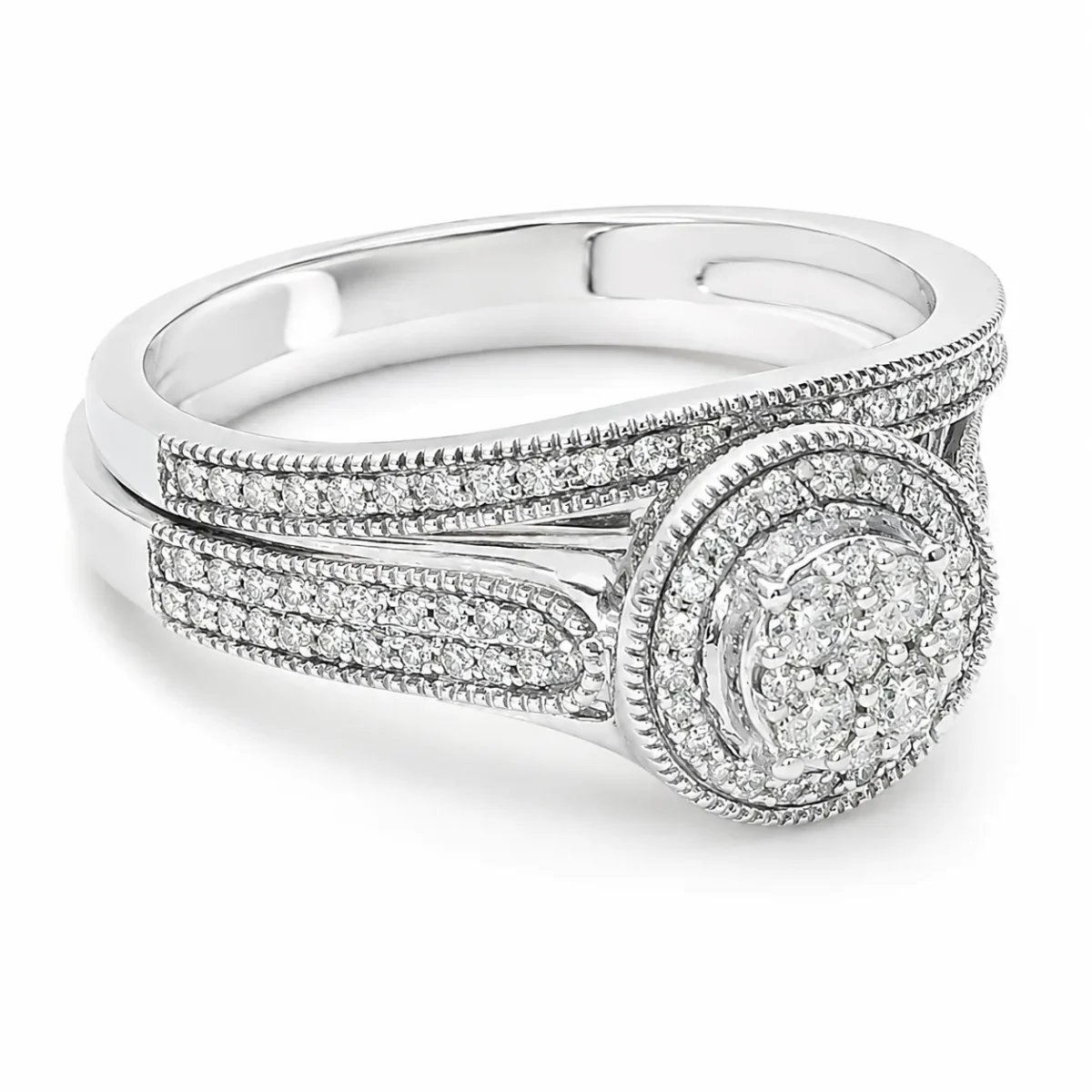 10ct White Gold 0.33ct Natural Diamond Cluster Halo 2-Piece Bridal Set Ring - RD2066W