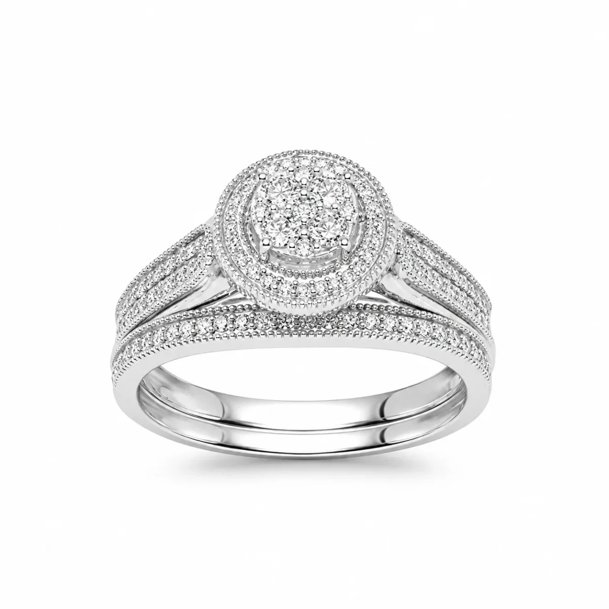 10ct White Gold 0.33ct Natural Diamond Cluster Halo 2-Piece Bridal Set Ring - RD2066W