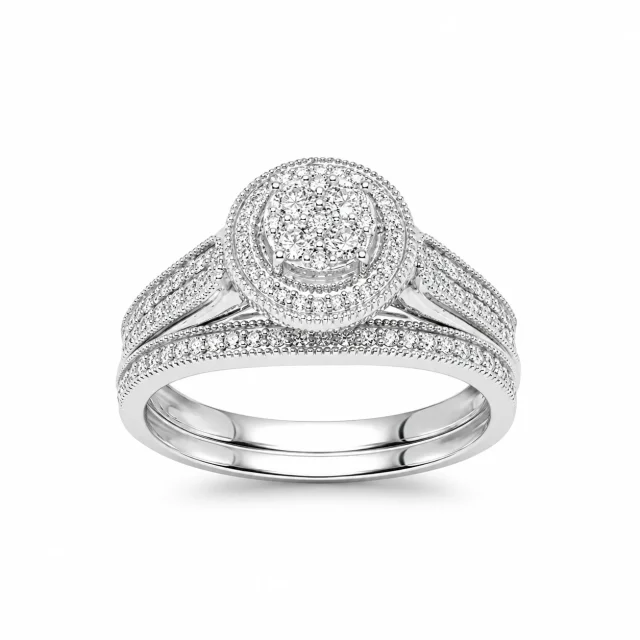 10ct White Gold 0.33ct Natural Diamond Cluster Halo 2-Piece Bridal Set Ring - RD2066W