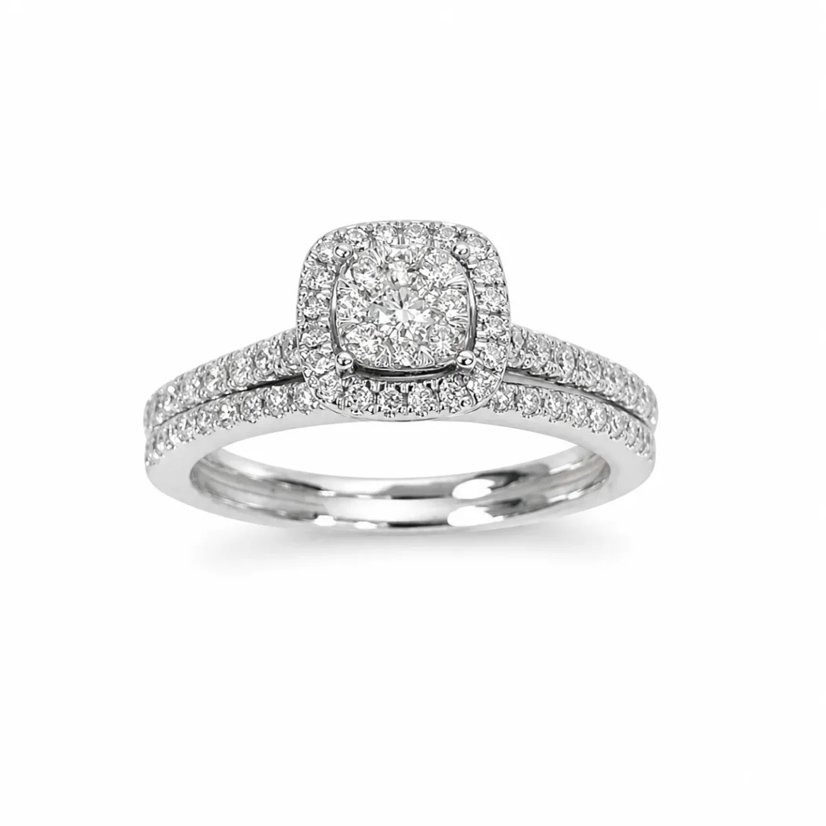 10ct White Gold 0.50ct Natural Diamond Cushion Halo 2-Piece Bridal Set Ring - RD2322W