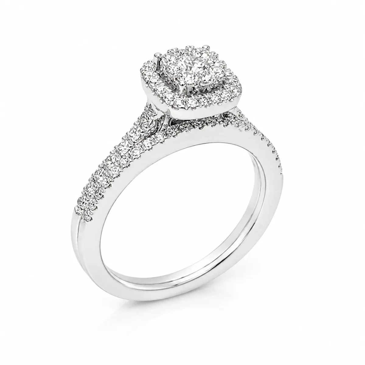 10ct White Gold 0.50ct Natural Diamond Cushion Halo 2-Piece Bridal Set Ring - RD2322W