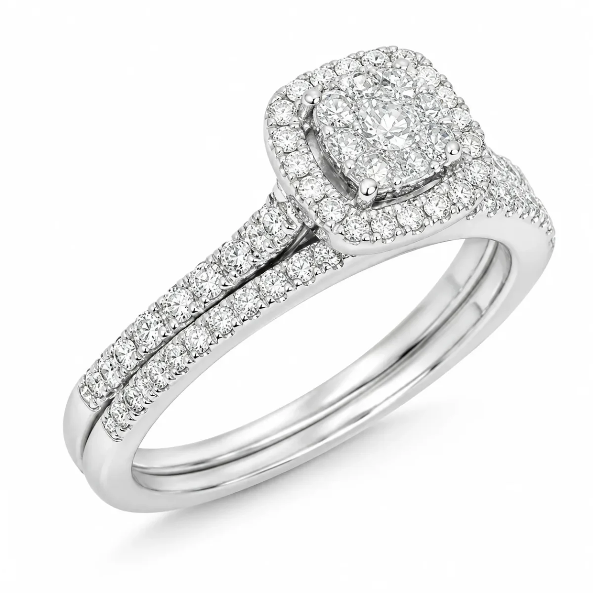 10ct White Gold 0.50ct Natural Diamond Cushion Halo 2-Piece Bridal Set Ring - RD2322W