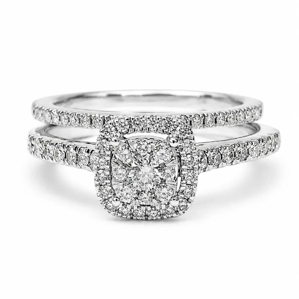 10ct White Gold 0.50ct Natural Diamond Cushion Halo 2-Piece Bridal Set Ring - RD2322W