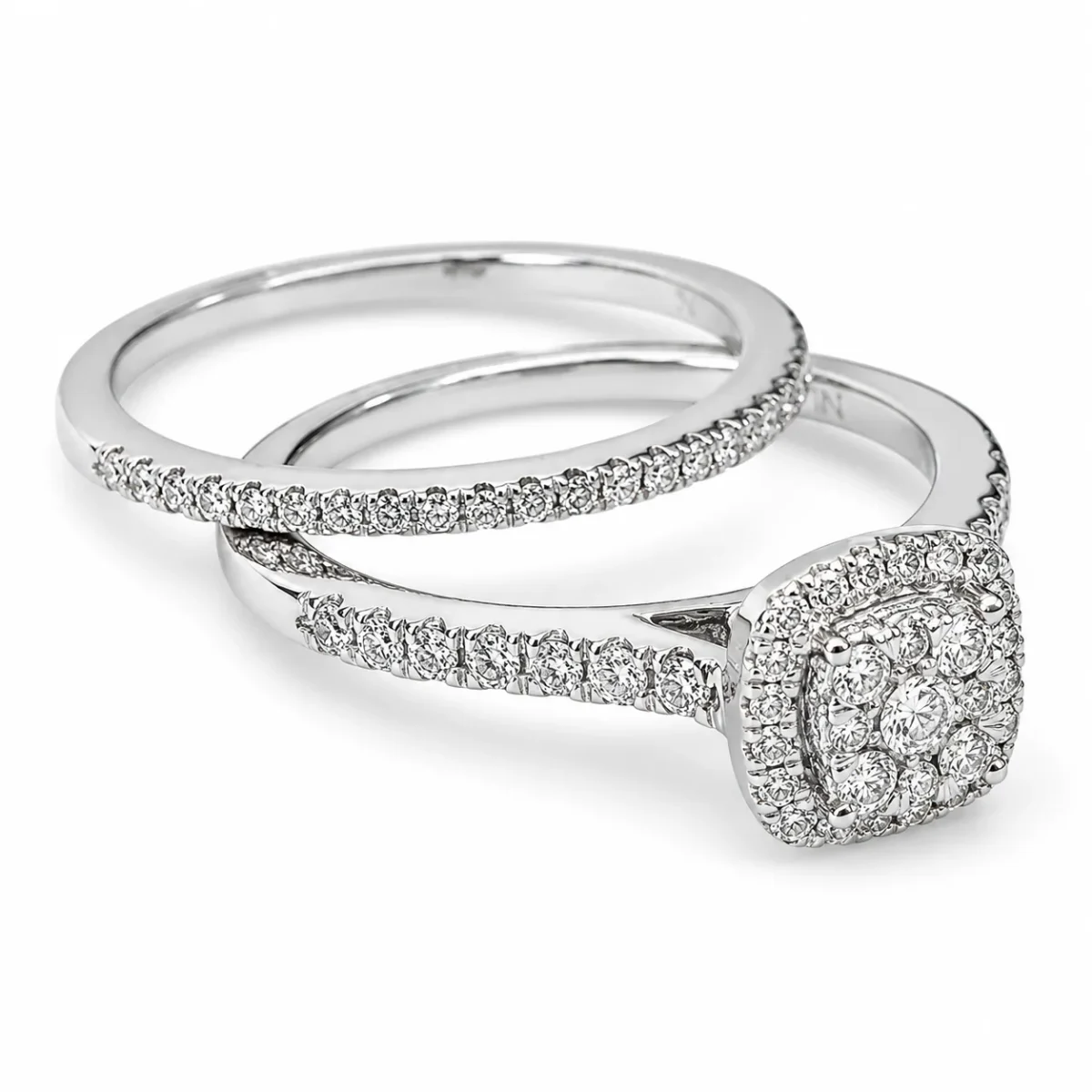 10ct White Gold 0.50ct Natural Diamond Cushion Halo 2-Piece Bridal Set Ring - RD2322W