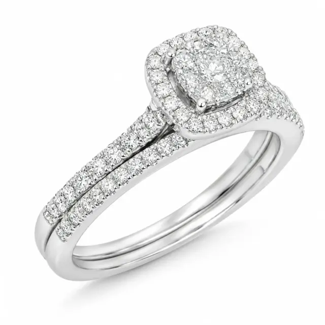 10ct White Gold 0.50ct Natural Diamond Cushion Halo 2-Piece Bridal Set Ring - RD2322W