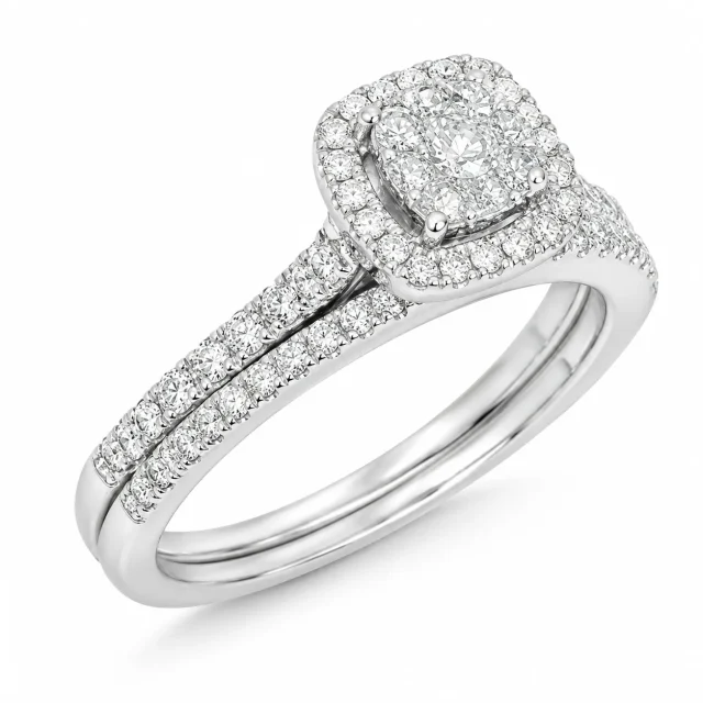 10ct White Gold 0.50ct Natural Diamond Cushion Halo 2-Piece Bridal Set Ring - RD2322W