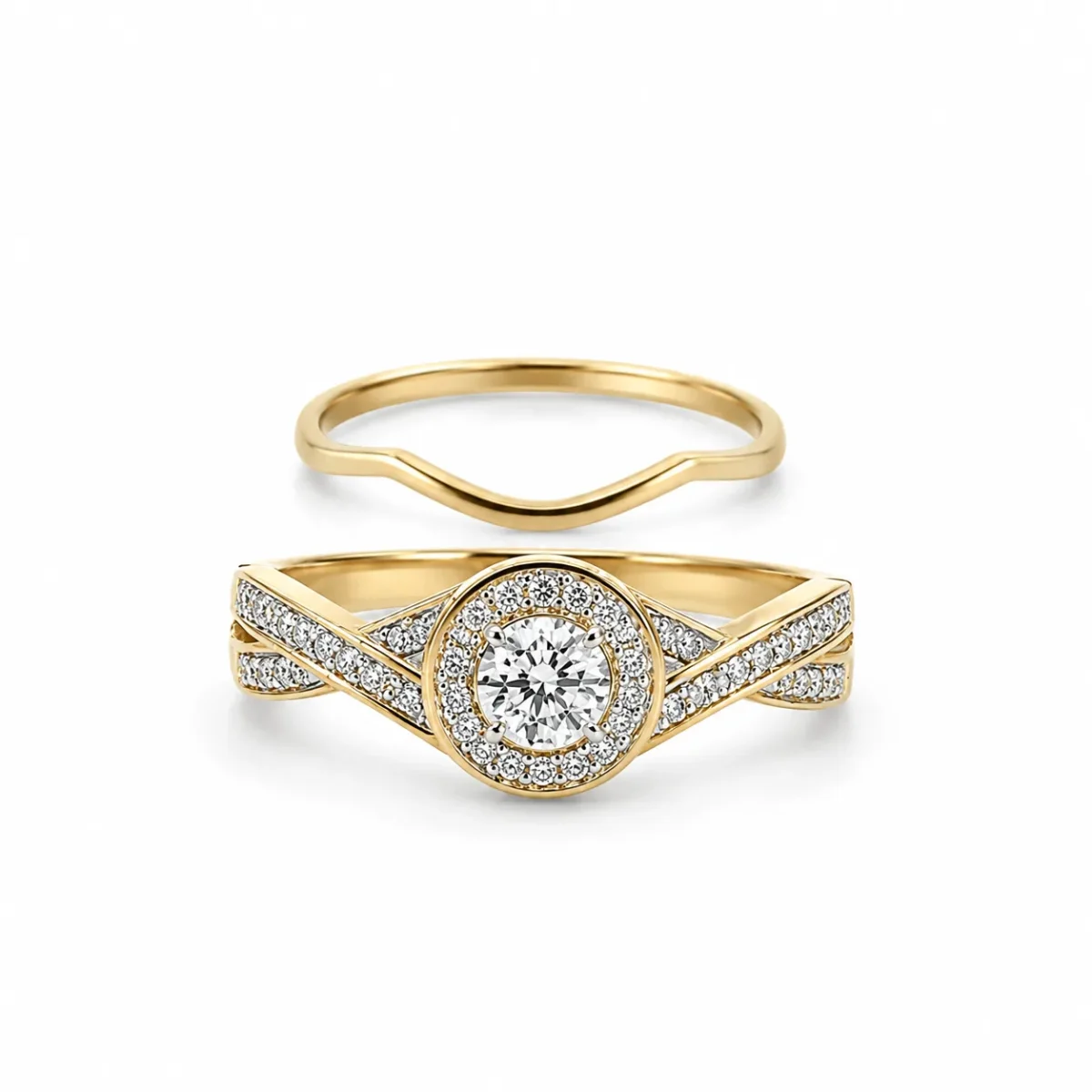 10ct Yellow Gold 0.25ct Natural Diamond Round Halo 2-Piece Bridal Set Ring - RD2376