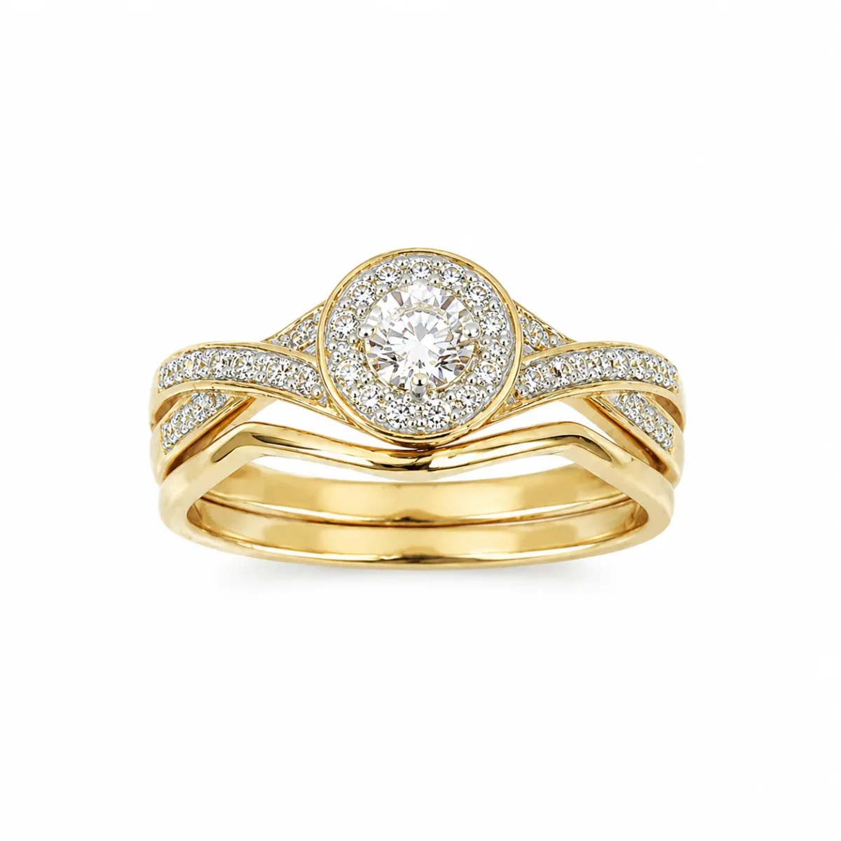 10ct Yellow Gold 0.25ct Natural Diamond Round Halo 2-Piece Bridal Set Ring - RD2376
