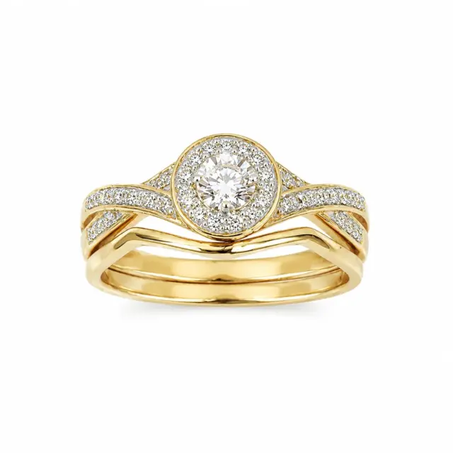 10ct Yellow Gold 0.25ct Natural Diamond Round Halo 2-Piece Bridal Set Ring - RD2376