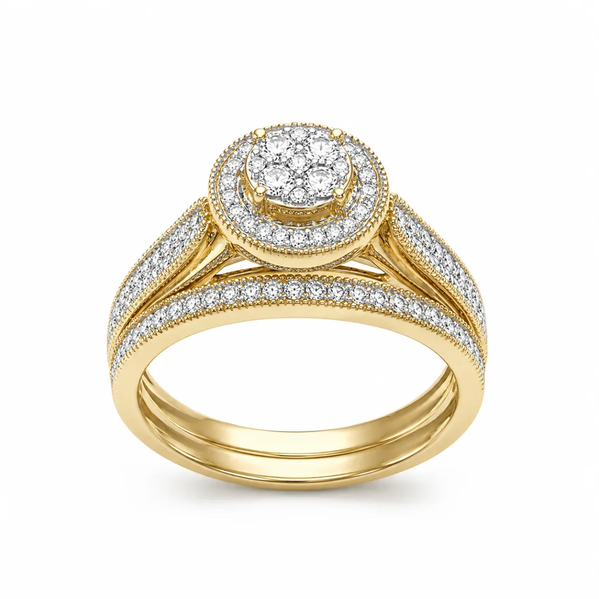 10ct Yellow Gold 0.33ct Natural Diamond Cluster Halo 2-Piece Bridal Set Ring - RD2066