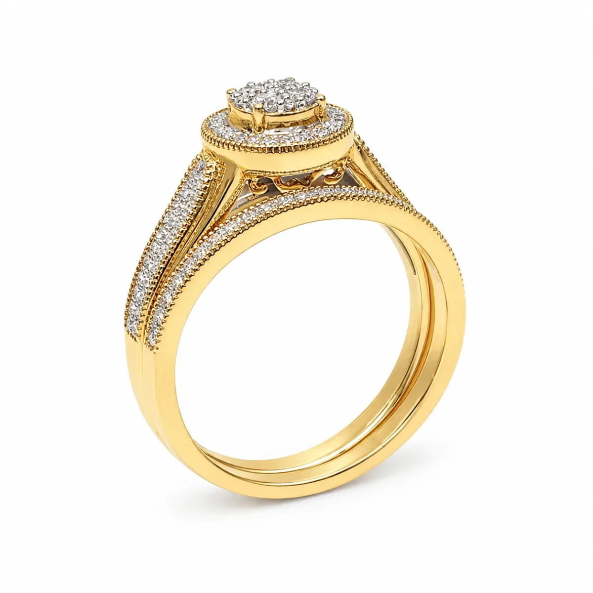 10ct Yellow Gold 0.33ct Natural Diamond Cluster Halo 2-Piece Bridal Set Ring - RD2066