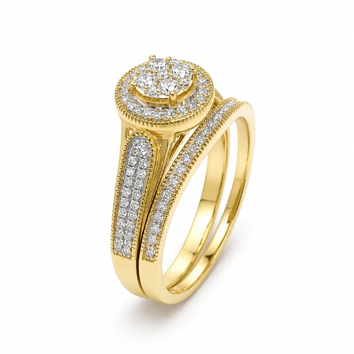 10ct Yellow Gold 0.33ct Natural Diamond Cluster Halo 2-Piece Bridal Set Ring - RD2066