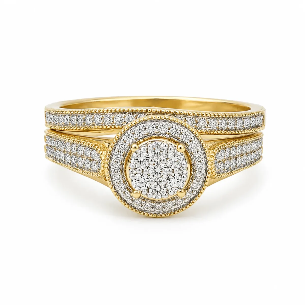 10ct Yellow Gold 0.33ct Natural Diamond Cluster Halo 2-Piece Bridal Set Ring - RD2066