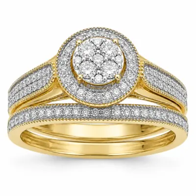10ct Yellow Gold 0.33ct Natural Diamond Cluster Halo 2-Piece Bridal Set Ring - RD2066