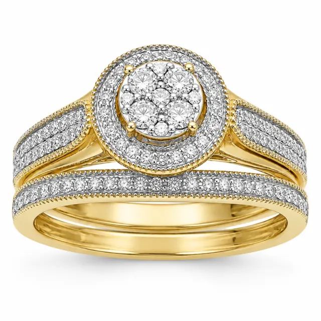 10ct Yellow Gold 0.33ct Natural Diamond Cluster Halo 2-Piece Bridal Set Ring - RD2066