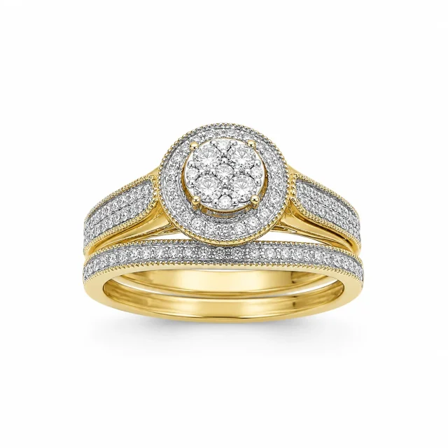 10ct Yellow Gold 0.33ct Natural Diamond Cluster Halo 2-Piece Bridal Set Ring - RD2066