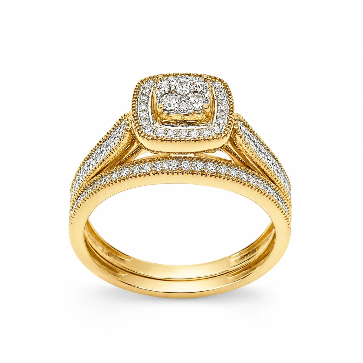 10ct Yellow Gold 0.33ct Natural Diamond Cushion Halo 2-Piece Bridal Set Ring - RD2065