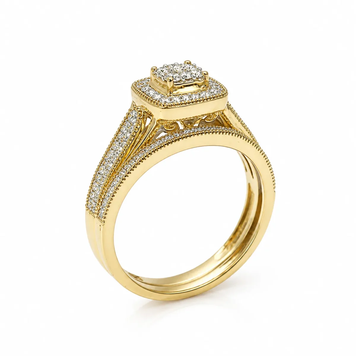 10ct Yellow Gold 0.33ct Natural Diamond Cushion Halo 2-Piece Bridal Set Ring - RD2065