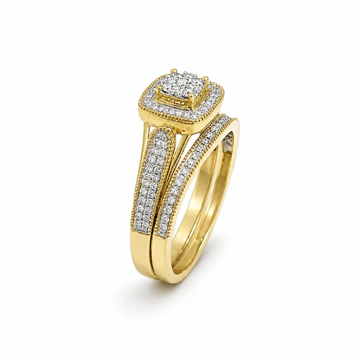 10ct Yellow Gold 0.33ct Natural Diamond Cushion Halo 2-Piece Bridal Set Ring - RD2065