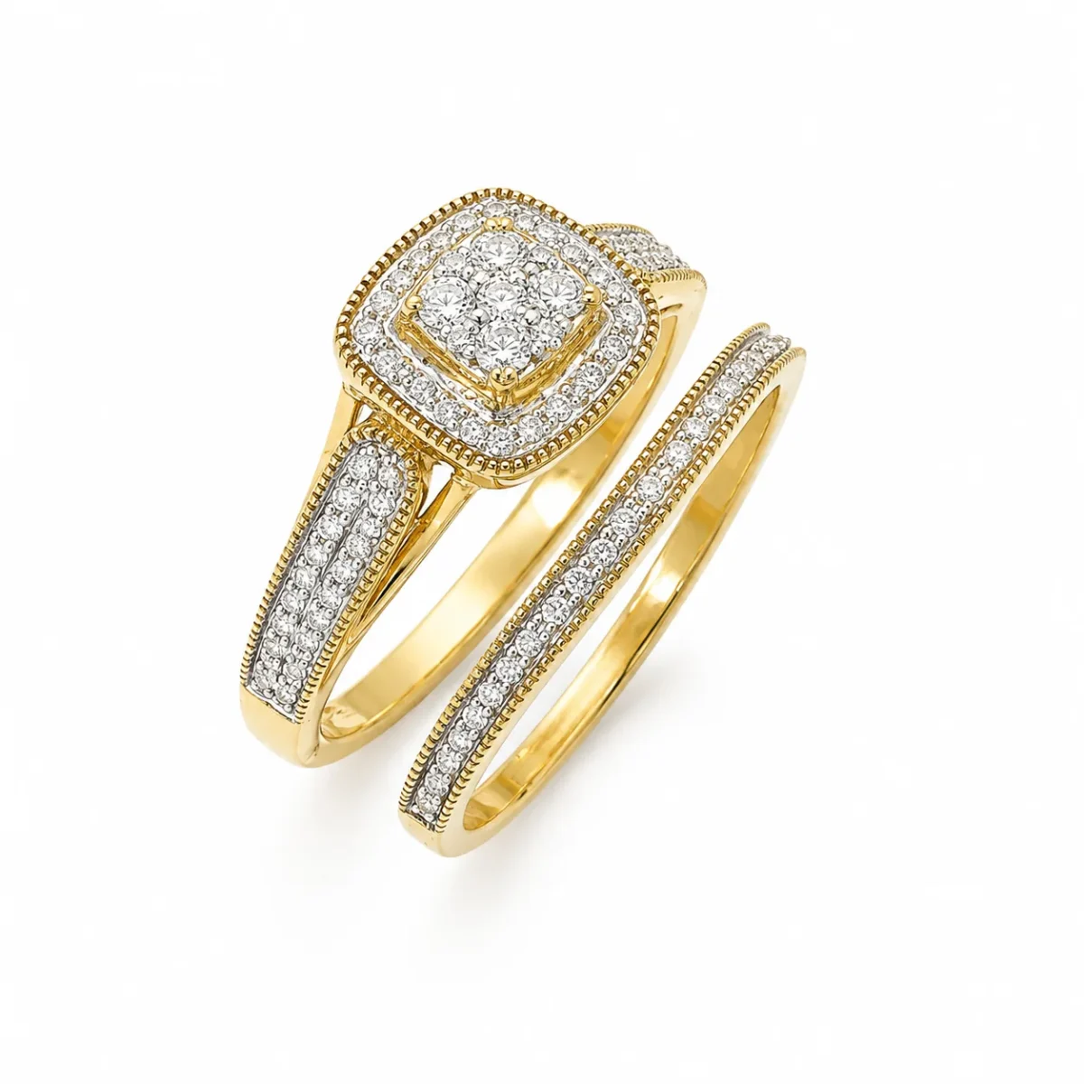 10ct Yellow Gold 0.33ct Natural Diamond Cushion Halo 2-Piece Bridal Set Ring - RD2065
